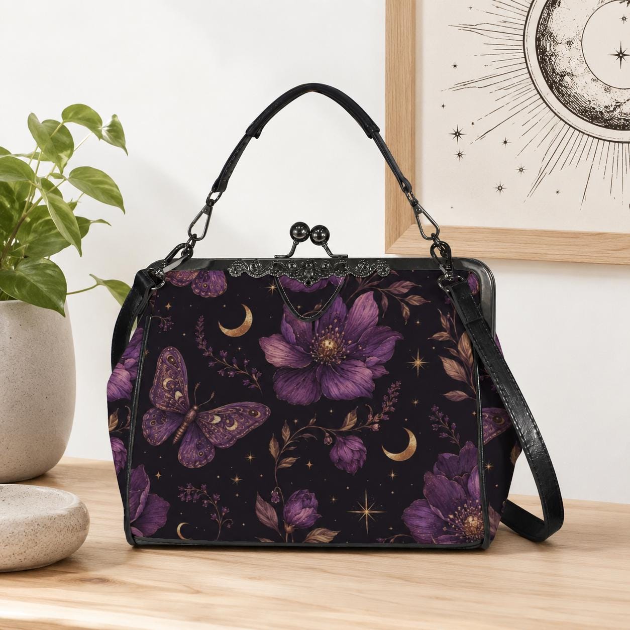Whimsigoth Purple Moth Moon Floral Kiss Lock Handbag, Celestial Crossbody Bag