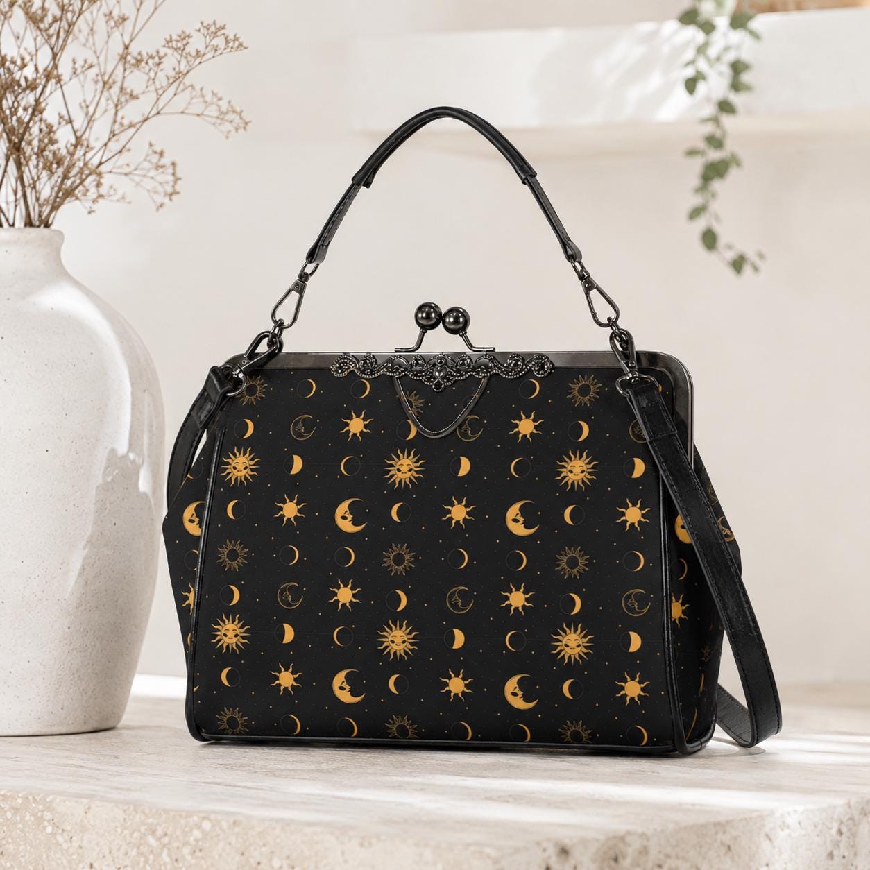 Black Gold Celestial Sun Moon Kiss Lock Handbag, Astrology Crossbody Bag
