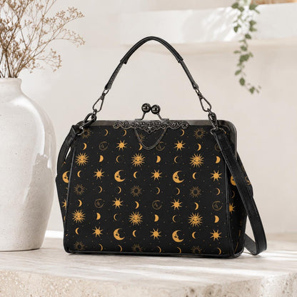 Black Gold Celestial Sun Moon Kiss Lock Handbag, Astrology Crossbody Bag