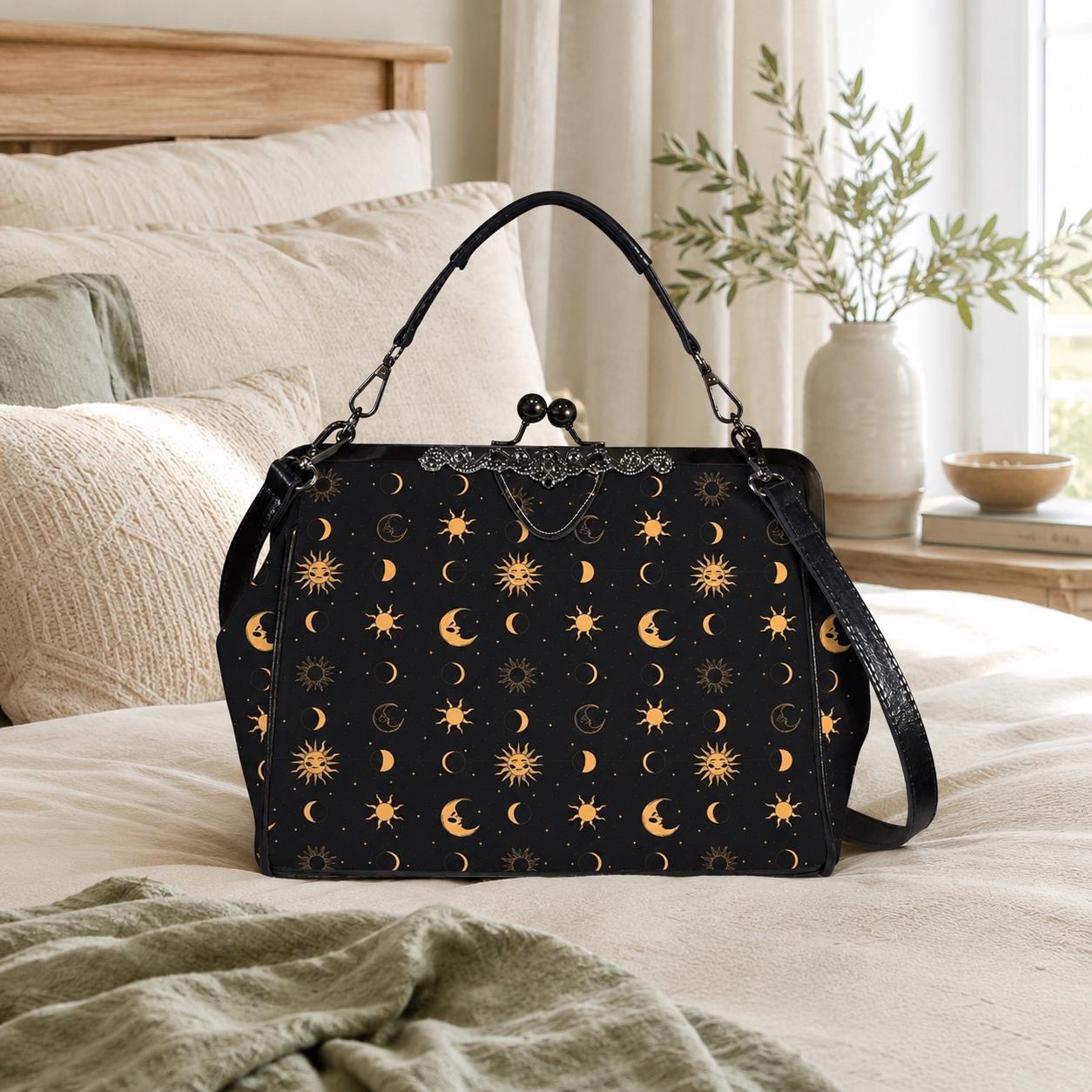Black Gold Celestial Sun Moon Kiss Lock Handbag, Astrology Crossbody Bag