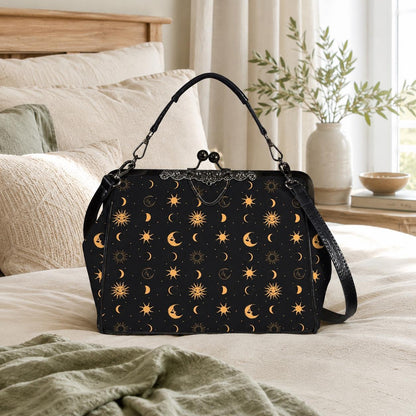Black Gold Celestial Sun Moon Kiss Lock Handbag, Astrology Crossbody Bag
