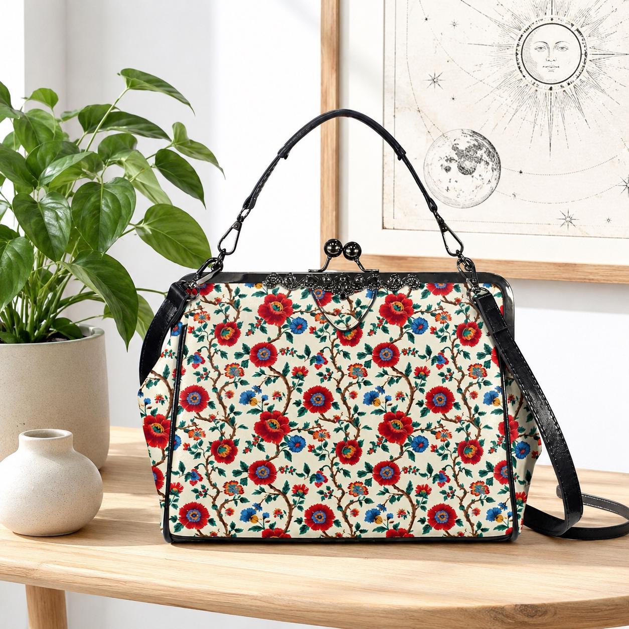 Red Rose Floral Kisslock Crossbody Bag, Vintage Style Shoulder Purse