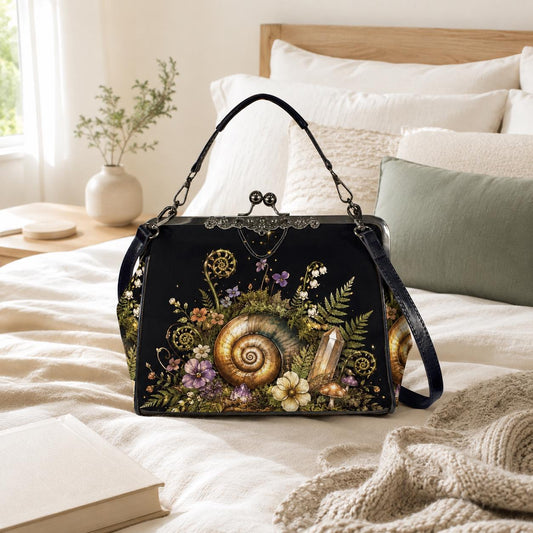 Cottagecore Snail Mushroom Crossbody Bag, Botanical Embroidered Look Kisslock Purse
