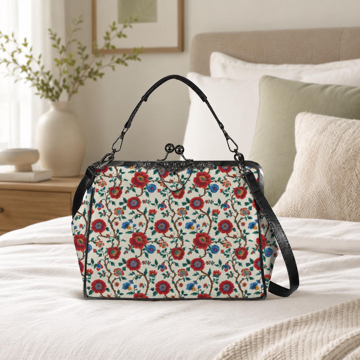 Red Rose Floral Kisslock Crossbody Bag, Vintage Style Shoulder Purse
