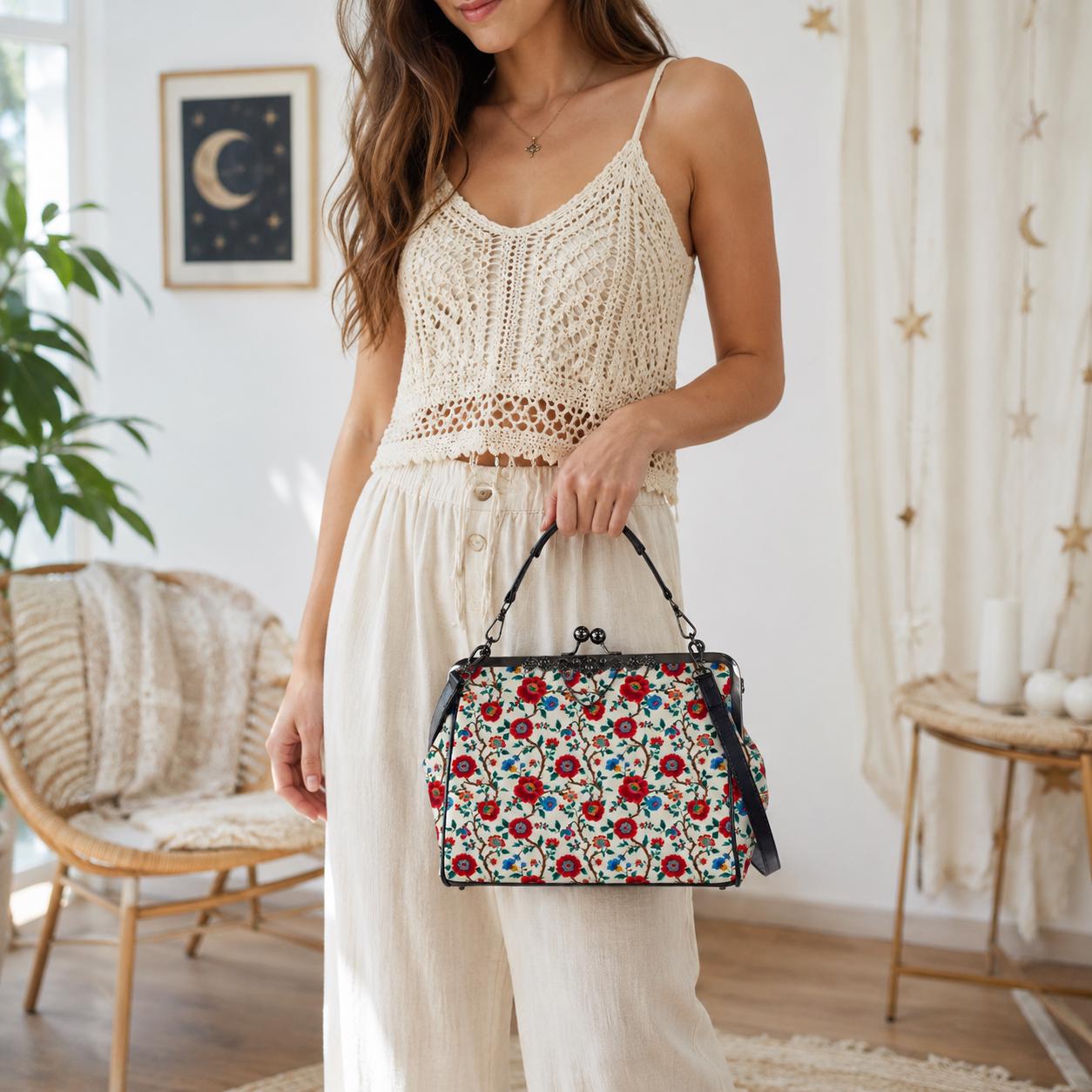 Red Rose Floral Kisslock Crossbody Bag, Vintage Style Shoulder Purse