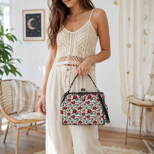 Red Rose Floral Kisslock Crossbody Bag, Vintage Style Shoulder Purse