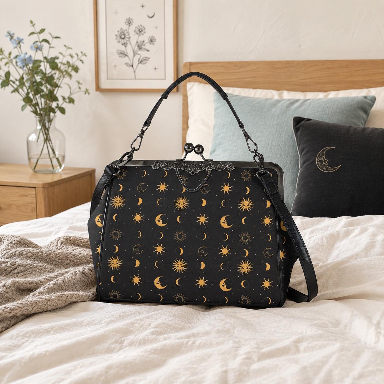 Black Gold Celestial Sun Moon Kiss Lock Handbag, Astrology Crossbody Bag