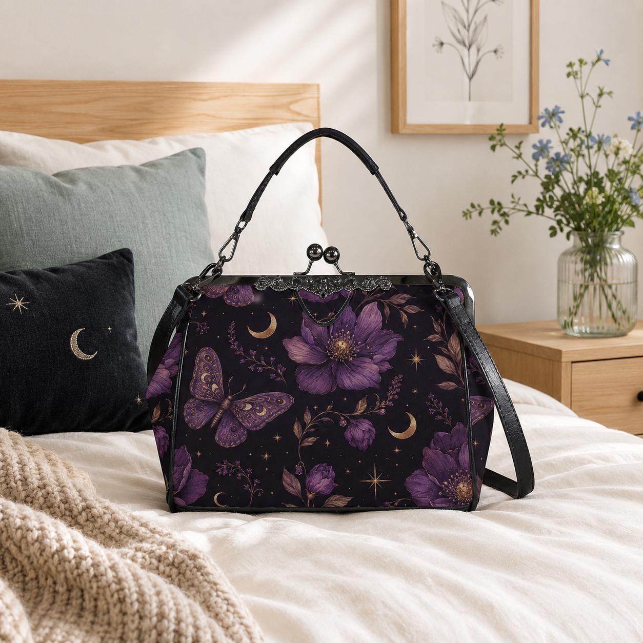 Whimsigoth Purple Moth Moon Floral Kiss Lock Handbag, Celestial Crossbody Bag