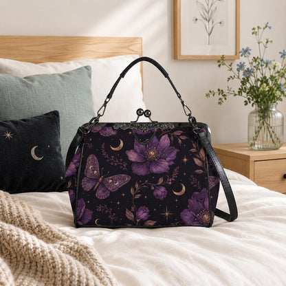Whimsigoth Purple Moth Moon Floral Kiss Lock Handbag, Celestial Crossbody Bag