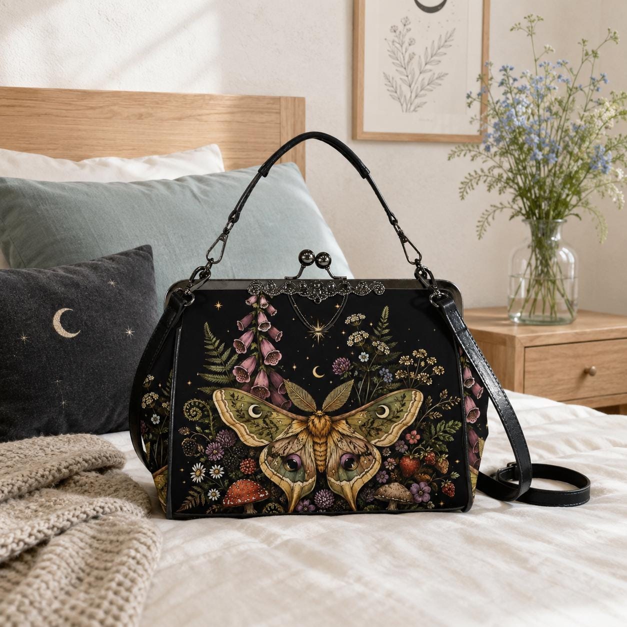 Luna Moth Kiss Lock Handbag, Dark Cottagecore Floral Print Crossbody Bag