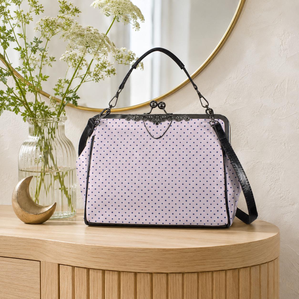 Pink Polka Dot Kiss Lock Handbag, Retro Vintage Style Crossbody Bag