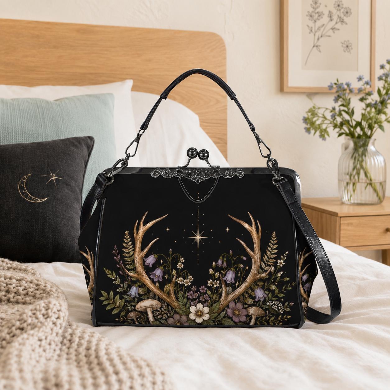 Black Floral Evening Bag, Vintage Kisslock Clutch, Detachable Chain Strap