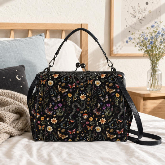 Dark Cottagecore Butterfly Mushroom Kiss Lock Handbag, Witchy Floral Crossbody Bag