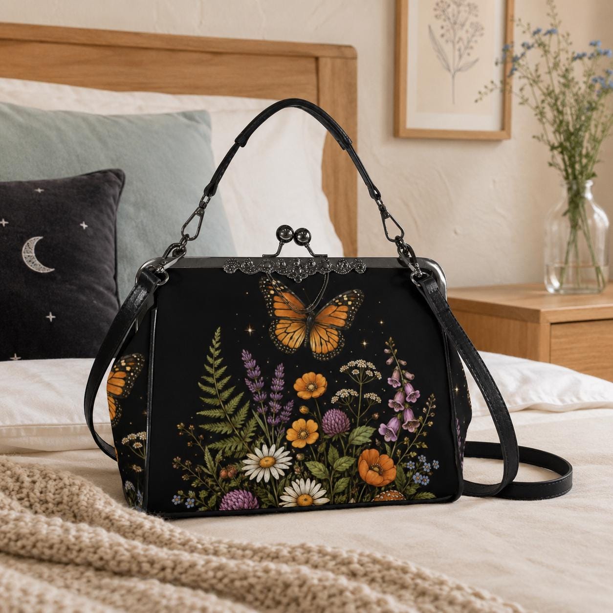 Black Wildflower Butterfly Shoulder Bag, Lavender Floral Kisslock Purse