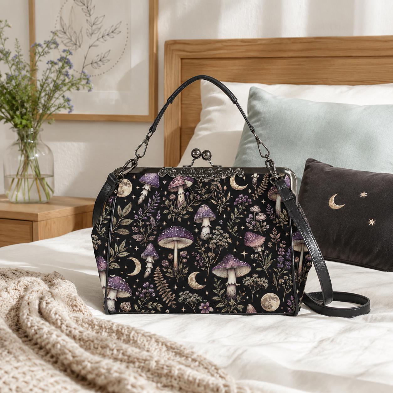 Witchy Mushroom Moth Print Crossbody Bag, Dark Forest Kisslock Purse