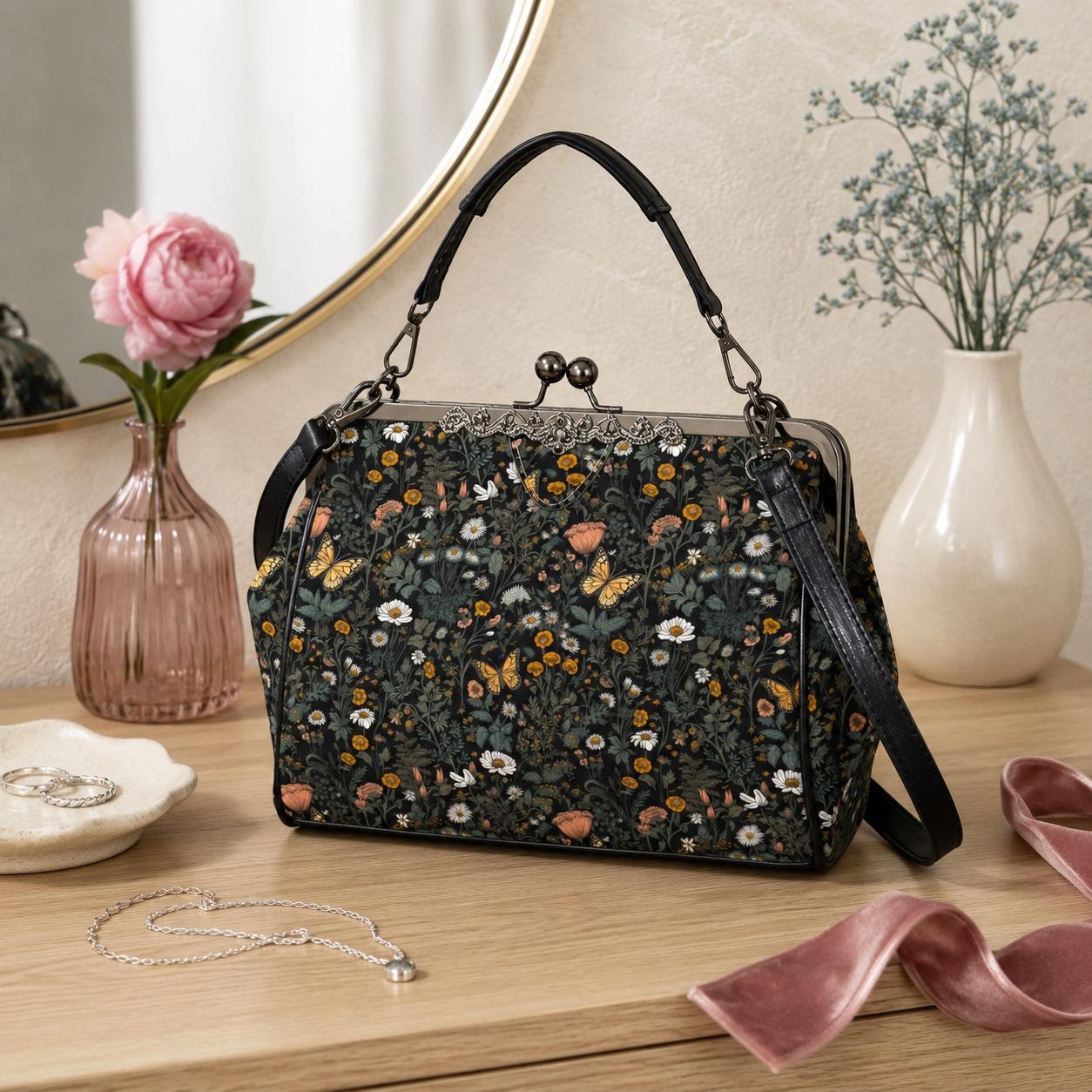Dark Wildflower Butterfly Kiss-Lock PU Leather Crossbody Bag