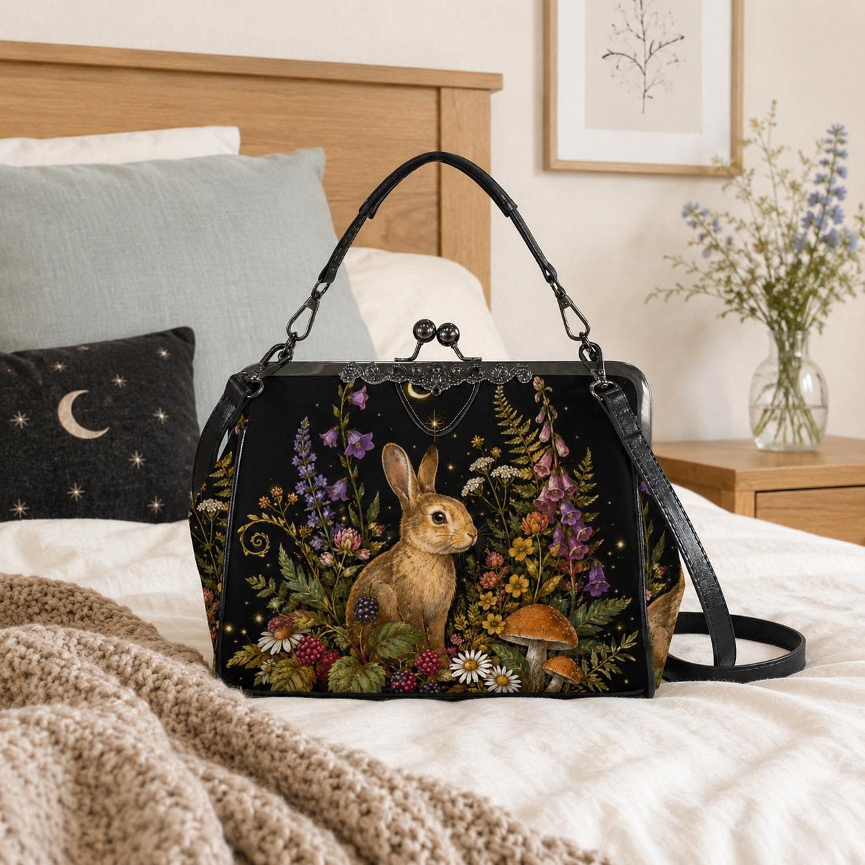 Rabbit and Wildflower Print Frame Purse with Top Handle and Shoulder Strap