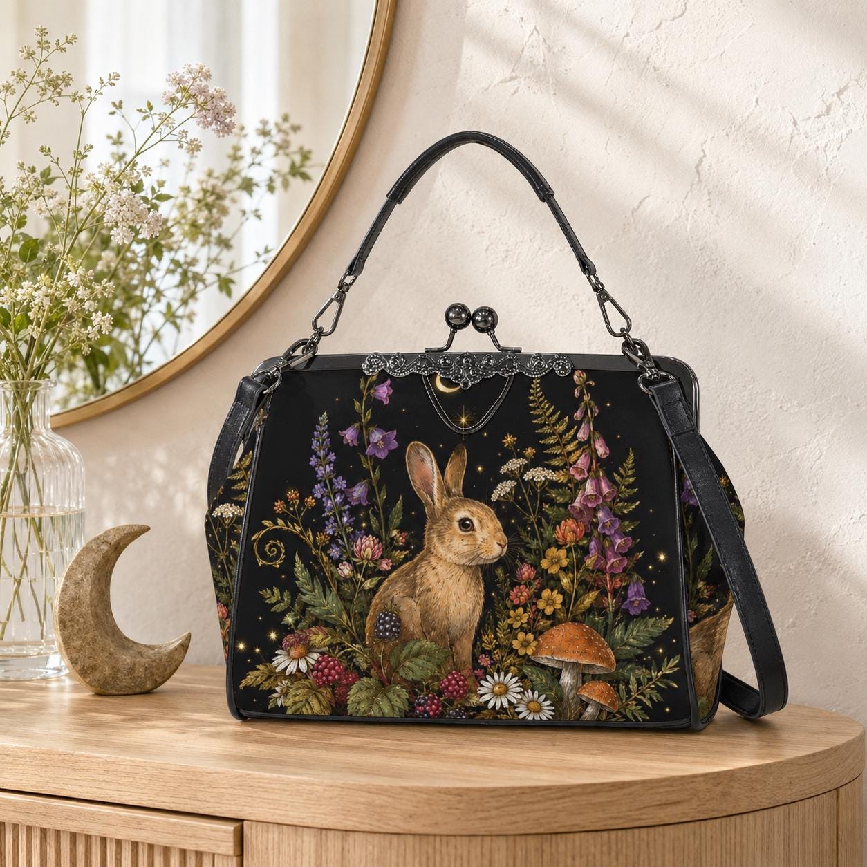 Rabbit and Wildflower Print Frame Purse with Top Handle and Shoulder Strap
