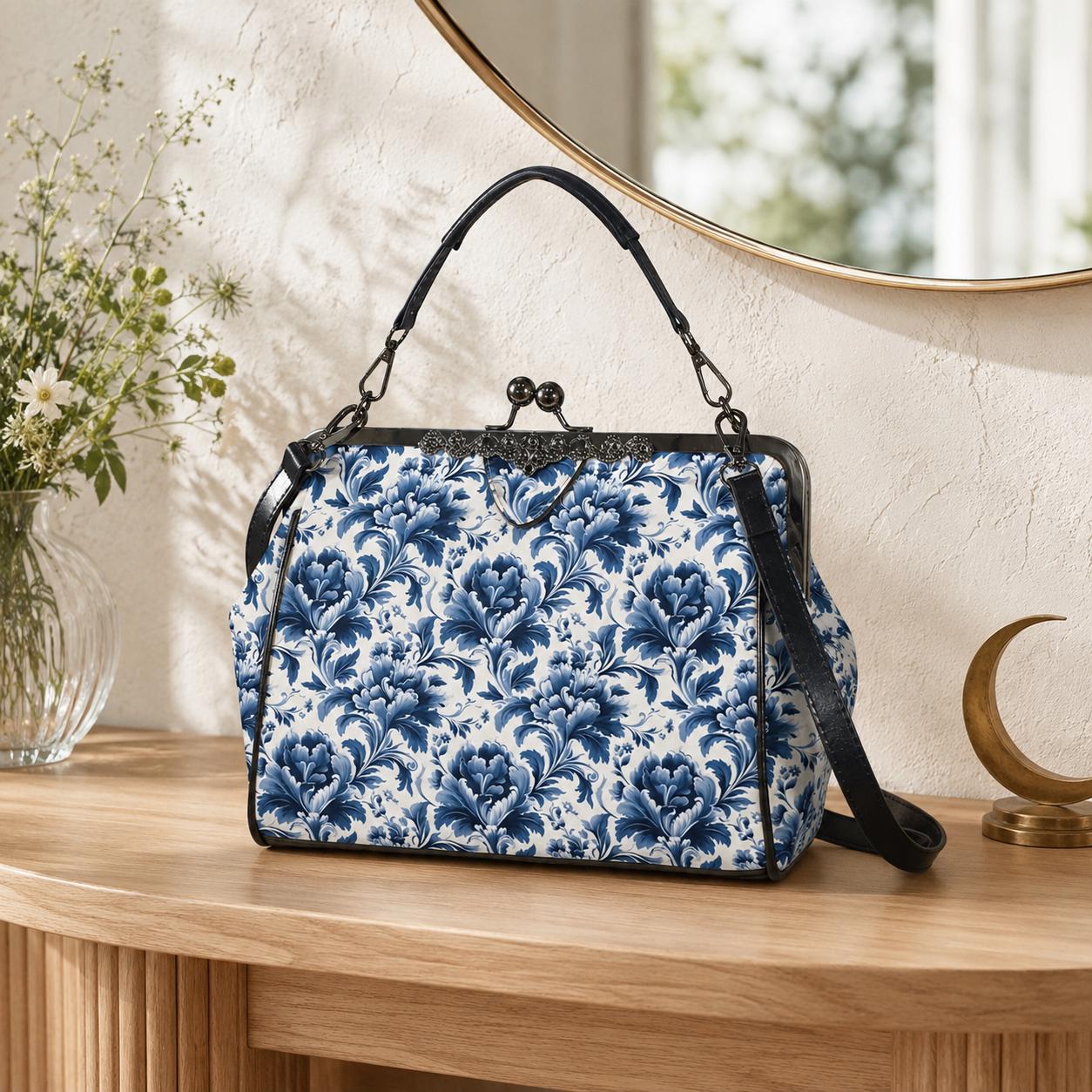 Blue Floral Kiss Lock Purse, Chinoiserie Porcelain Print Handbag, Vintage Style Crossbody Bag