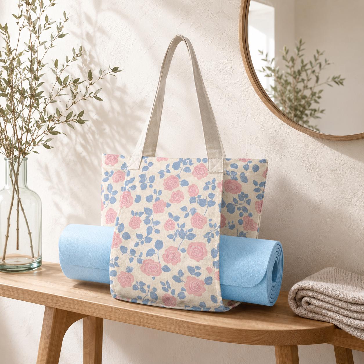 Floral Yoga Tote Bag, Pink Rose Blue Leaf Print Canvas Mat Carrier