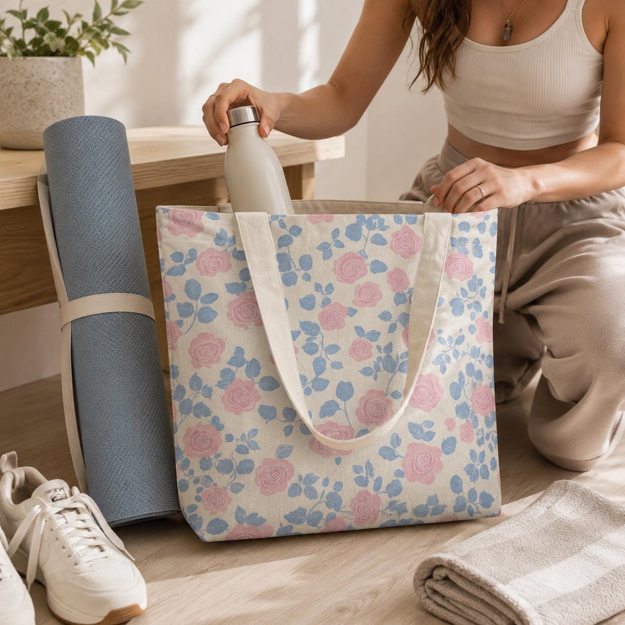 Floral Yoga Tote Bag, Pink Rose Blue Leaf Print Canvas Mat Carrier