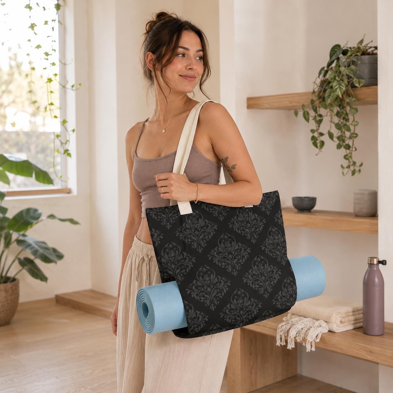 Gothic Damask Yoga Tote Bag, Black Canvas Mat Carrier, Dark Academia Shoulder Bag