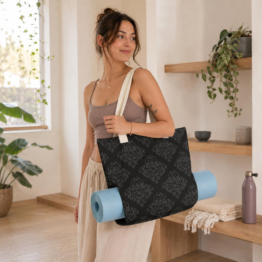 Gothic Damask Yoga Tote Bag, Black Canvas Mat Carrier, Dark Academia Shoulder Bag