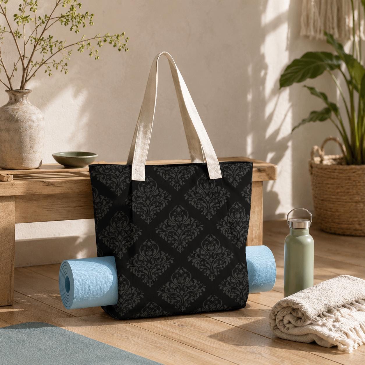 Gothic Damask Yoga Tote Bag, Black Canvas Mat Carrier, Dark Academia Shoulder Bag