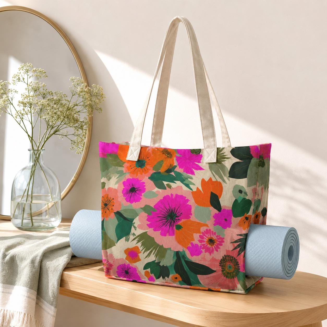 Bright Floral Yoga Tote Bag, Magenta Poppy Canvas Mat Carrier