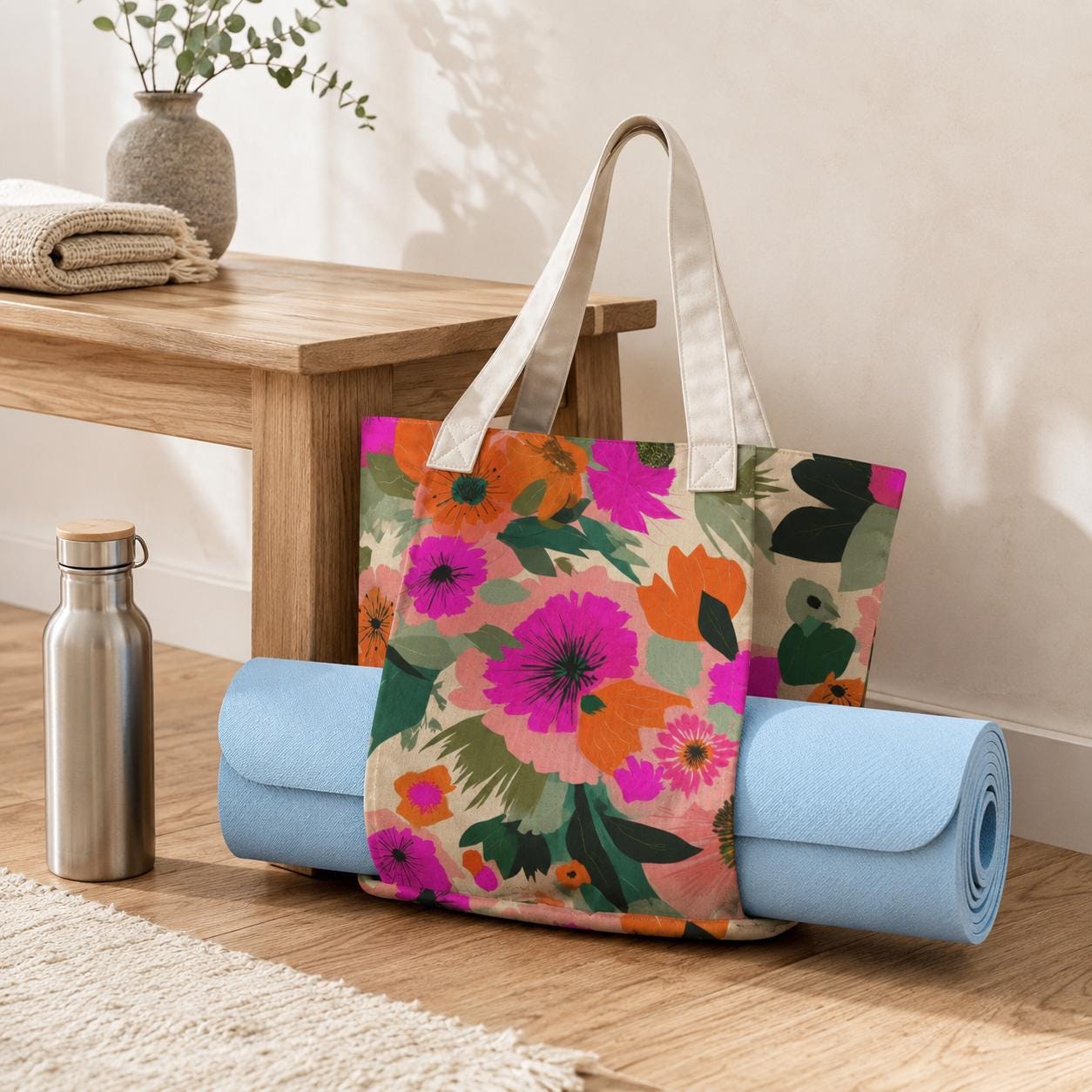 Bright Floral Yoga Tote Bag, Magenta Poppy Canvas Mat Carrier