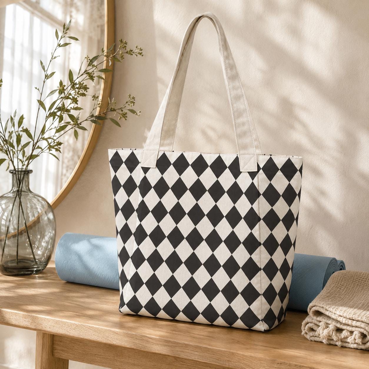 Black White Diamond Print Canvas Tote Bag, Harlequin Shoulder Bag, Work Errands Style