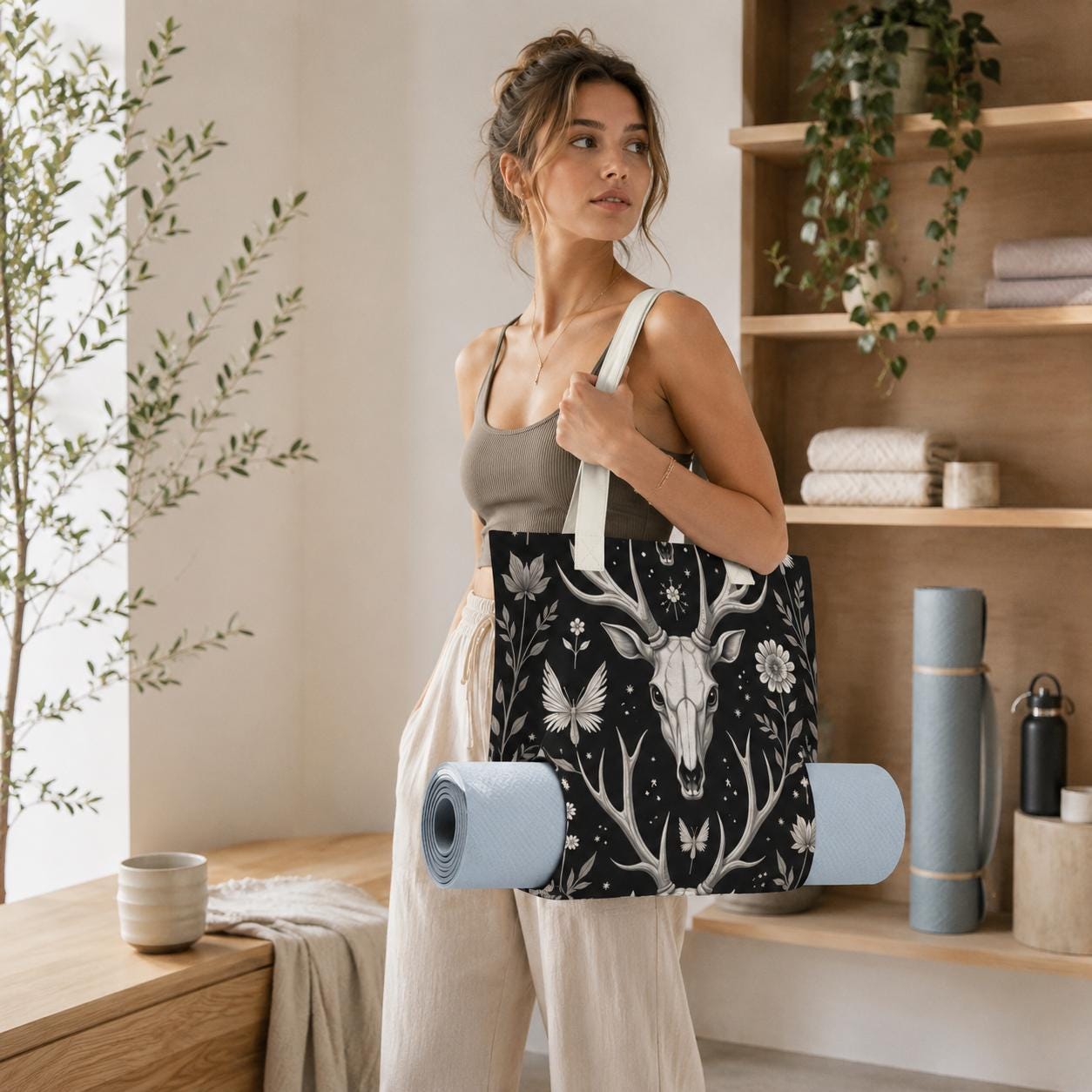 Deer Skull Yoga Tote Bag, Antler Floral Print Mat Carrier, Large Witchy Gym Bag