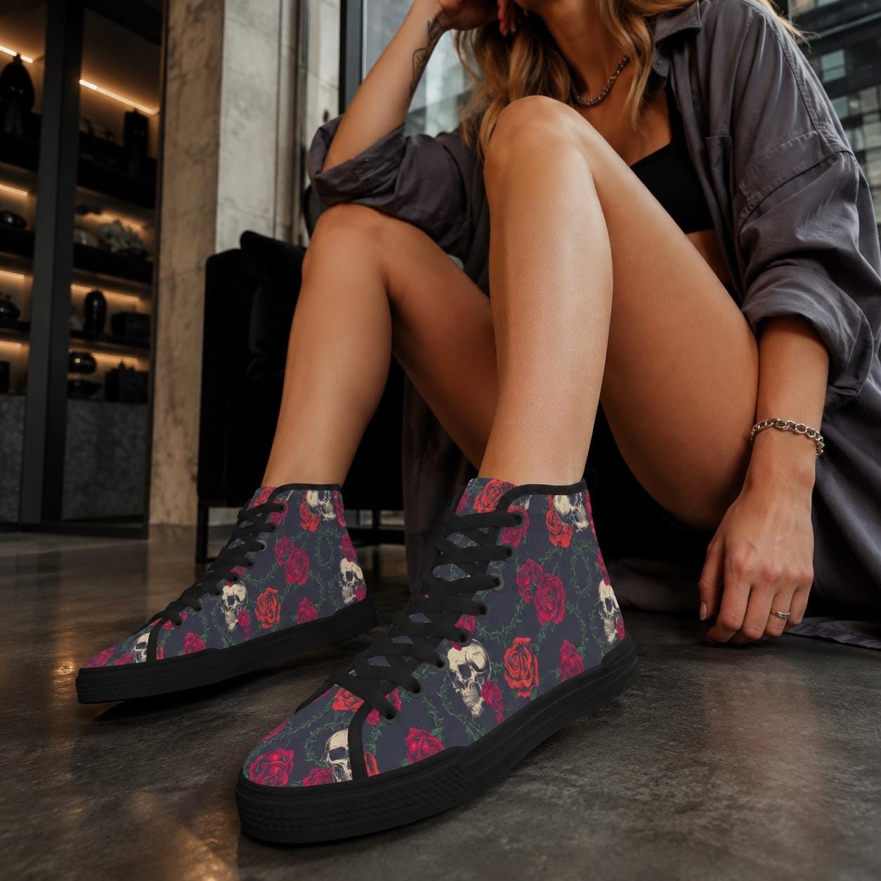Skull Rose High Top Canvas Sneakers, Gothic Tattoo Art Lace Up Kicks