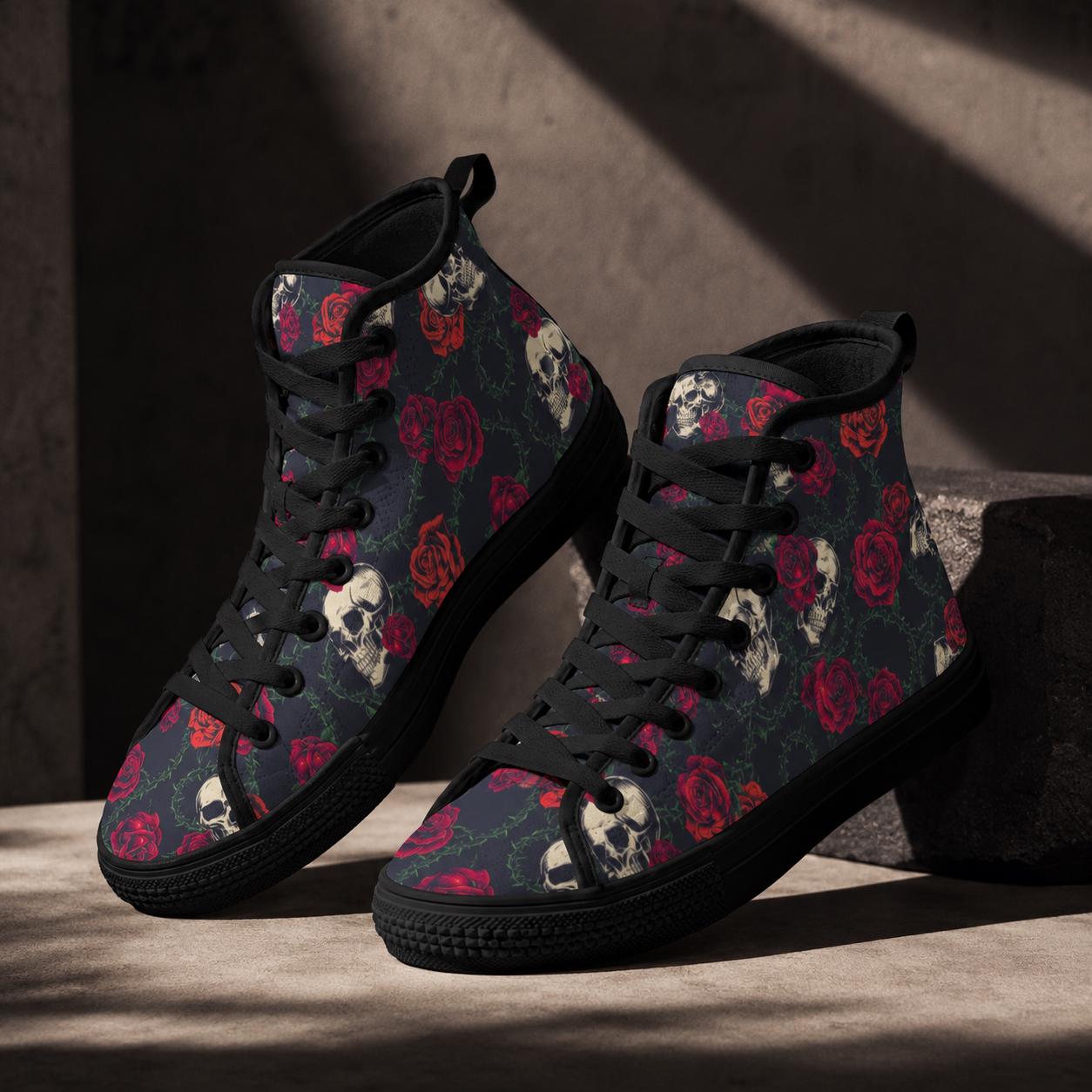 Skull Rose High Top Canvas Sneakers, Gothic Tattoo Art Lace Up Kicks
