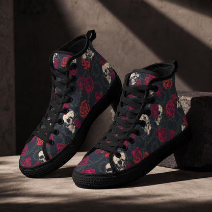 Skull Rose High Top Canvas Sneakers, Gothic Tattoo Art Lace Up Kicks