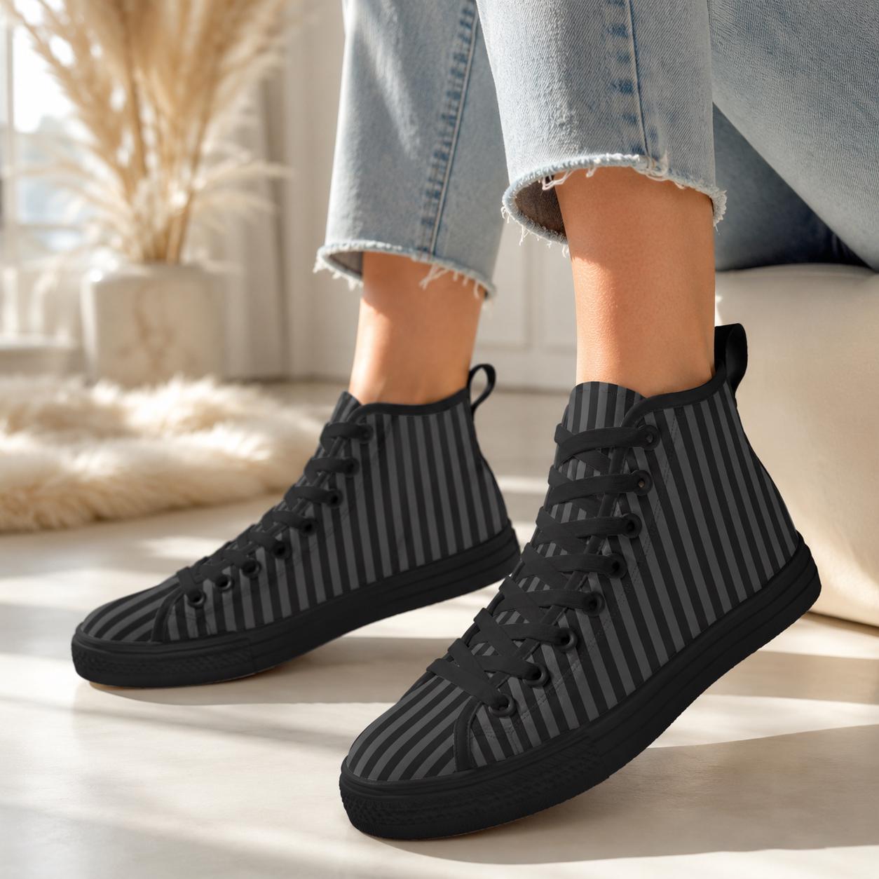 Pinstripe High Top Sneakers, Black Gray Vertical Stripe Canvas Shoes, Dark Academia Kicks