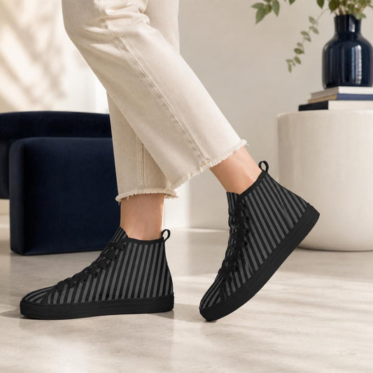 Pinstripe High Top Sneakers, Black Gray Vertical Stripe Canvas Shoes, Dark Academia Kicks
