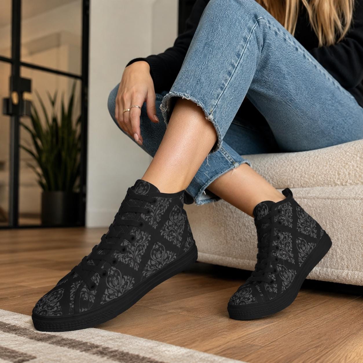 Black Damask High Top Sneakers, Gothic Baroque Canvas Shoes, Dark Academia Lace Up Everyday