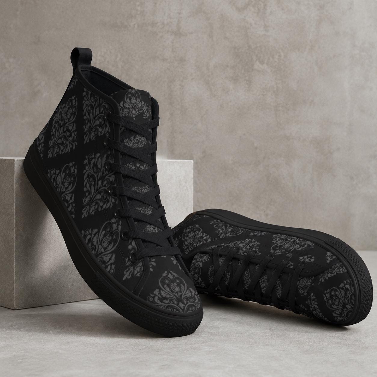 Black Damask High Top Sneakers, Gothic Baroque Canvas Shoes, Dark Academia Lace Up Everyday