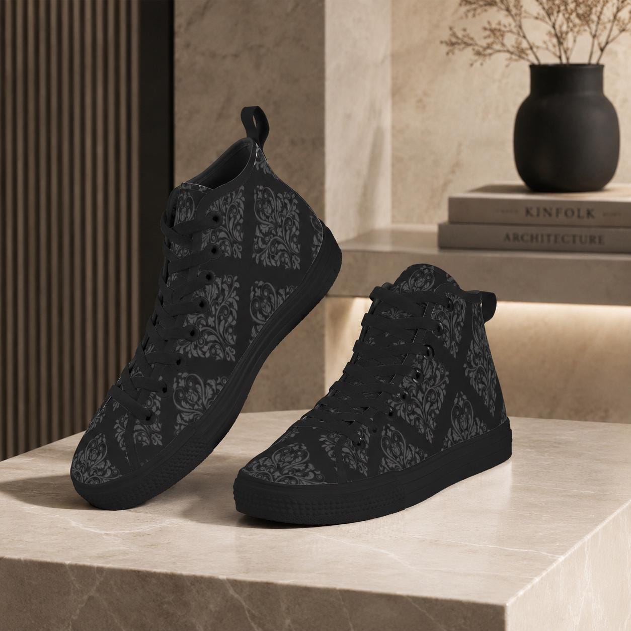 Black Damask High Top Sneakers, Gothic Baroque Canvas Shoes, Dark Academia Lace Up Everyday