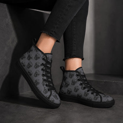 Gray Skull Print High Top Canvas Sneakers, Goth Punk Lace Up Kicks