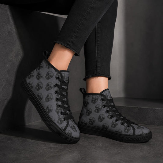 Gray Skull Print High Top Canvas Sneakers, Goth Punk Lace Up Kicks