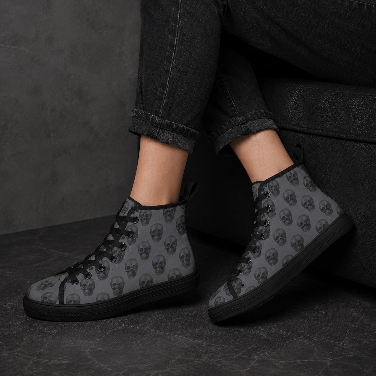 Gray Skull Print High Top Canvas Sneakers, Goth Punk Lace Up Kicks