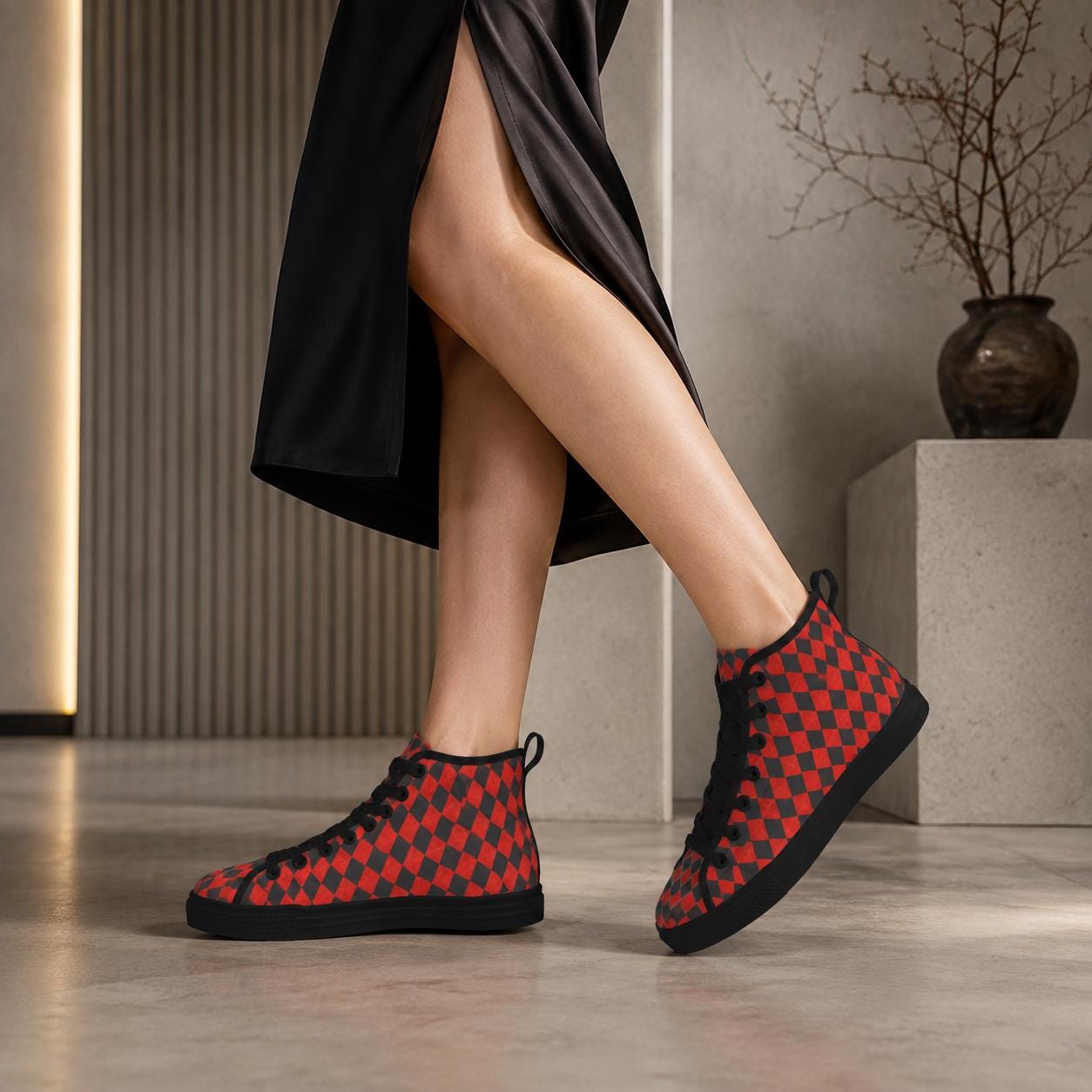 Red Harlequin Diamond High Top Canvas Sneakers, Clown Core Skate Style Lace Up Kicks