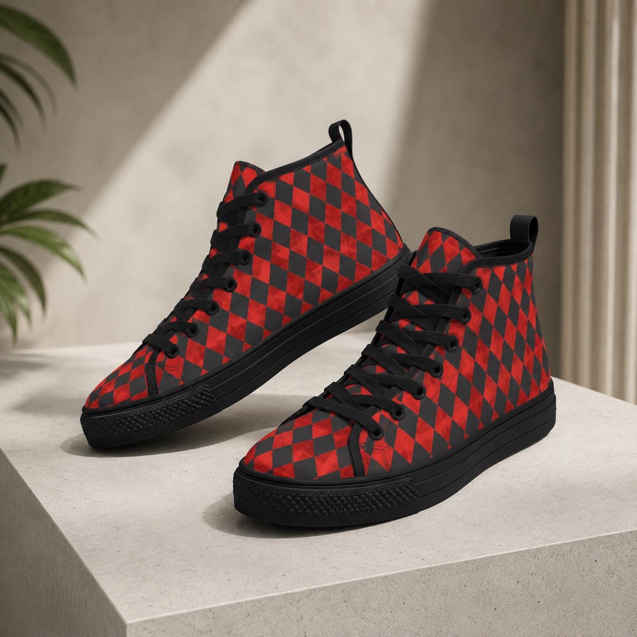 Red Harlequin Diamond High Top Canvas Sneakers, Clown Core Skate Style Lace Up Kicks