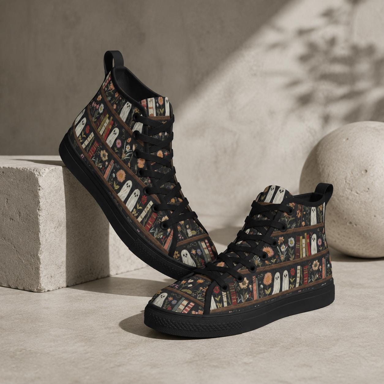 Dark Academia Ghost Bookshelf High Top Sneakers, Floral Library Canvas Shoes