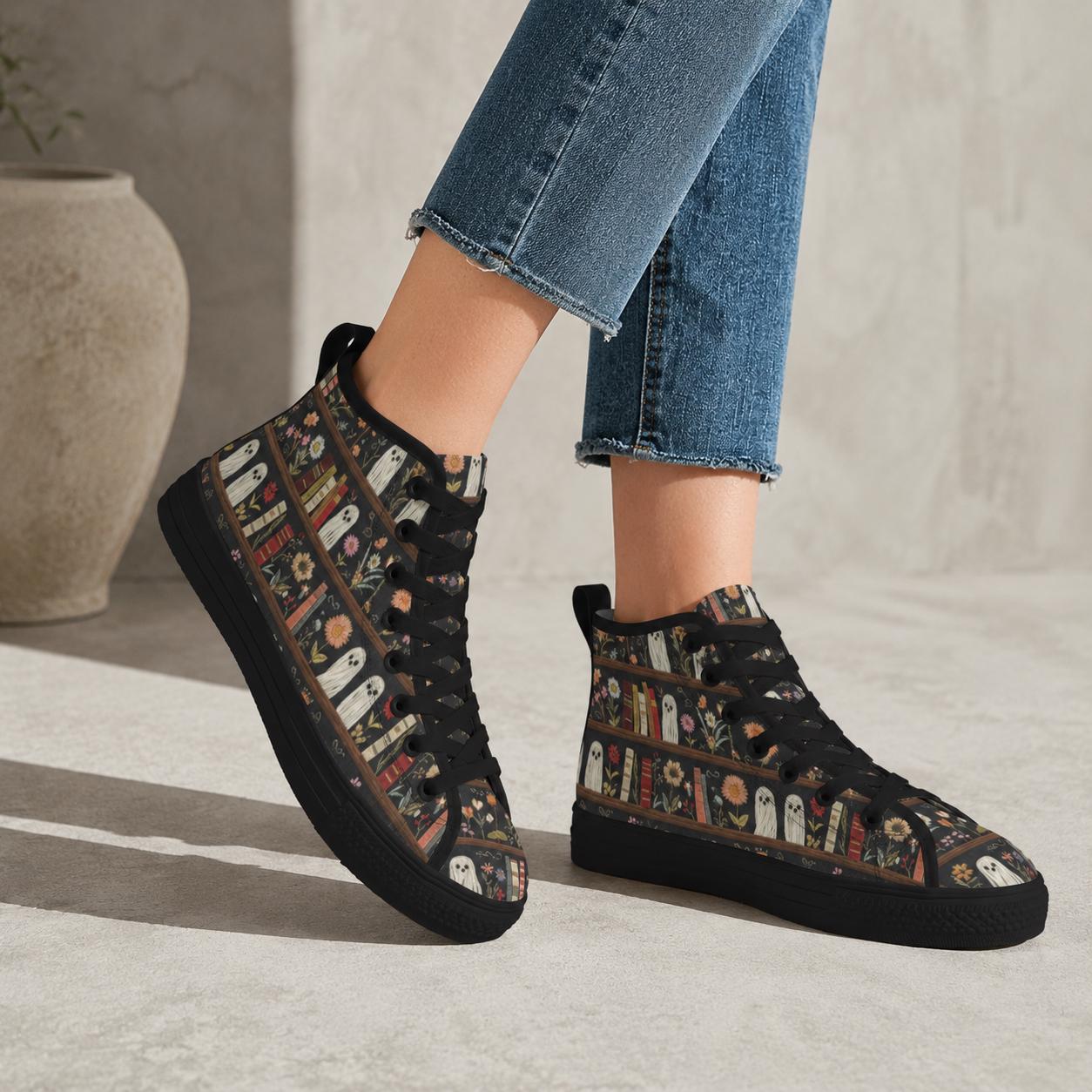 Dark Academia Ghost Bookshelf High Top Sneakers, Floral Library Canvas Shoes