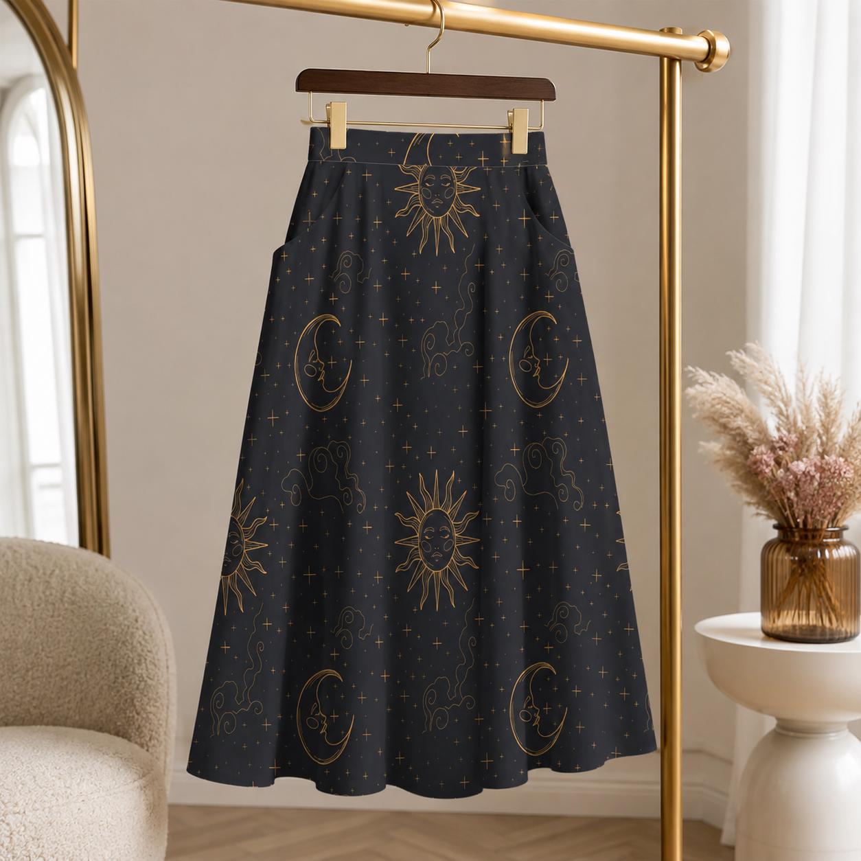 Celestial Sun Moon Midi Skirt with Pockets, Gold Tarot Witchy Style Festivals