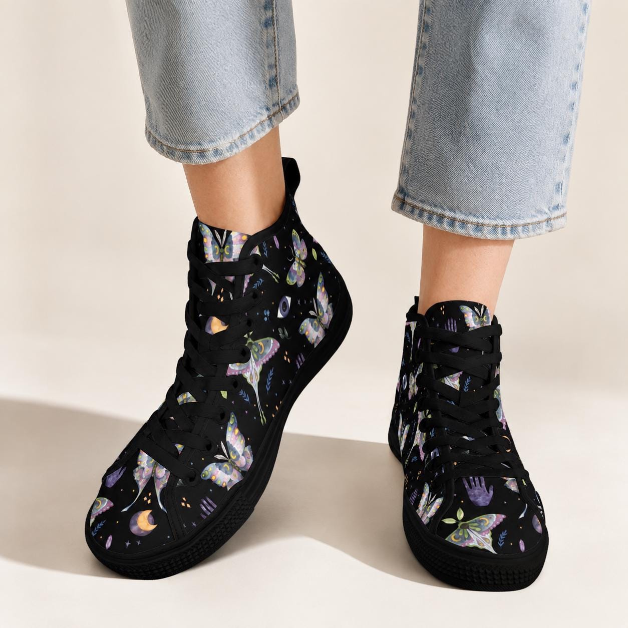 Witchy Moth Moon Sneakers, Pastel Botanical Evil Eye Canvas Shoes