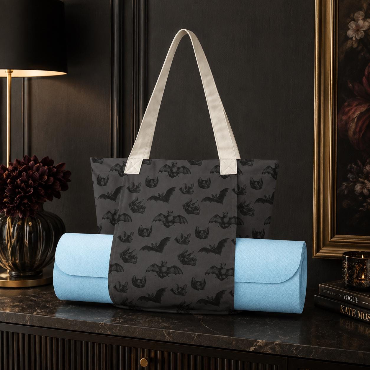 Charcoal Gray Bat Print Yoga Mat Tote Bag, Goth Gym Bag with Straps